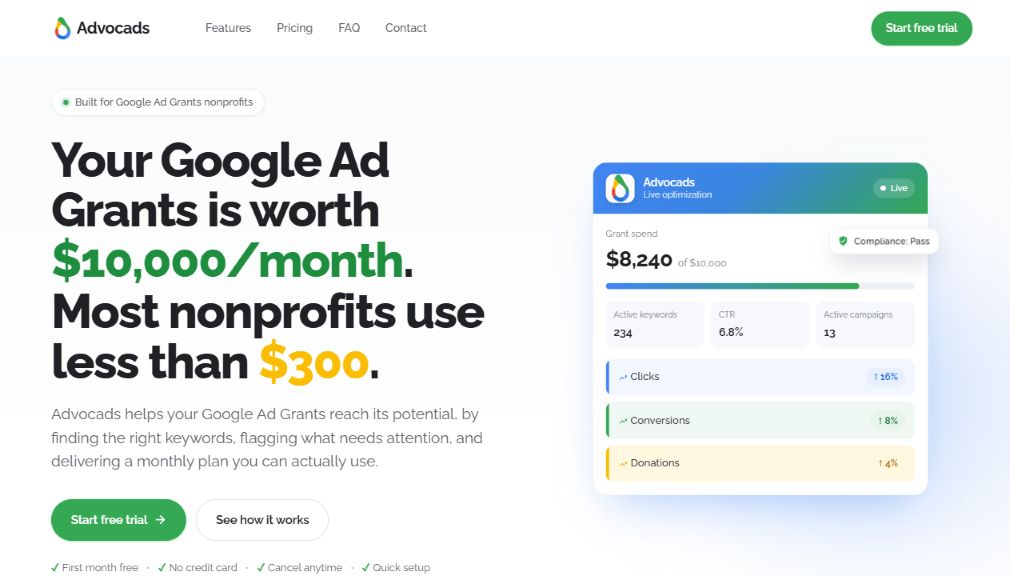 Advocads website presenting its Ad Grants monitoring and recommendations service
