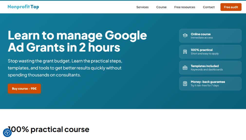 NonProfit Top course page presenting its practical Google Ad Grants training