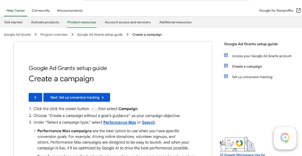 Google official Ad Grants documentation showing the campaign setup guide