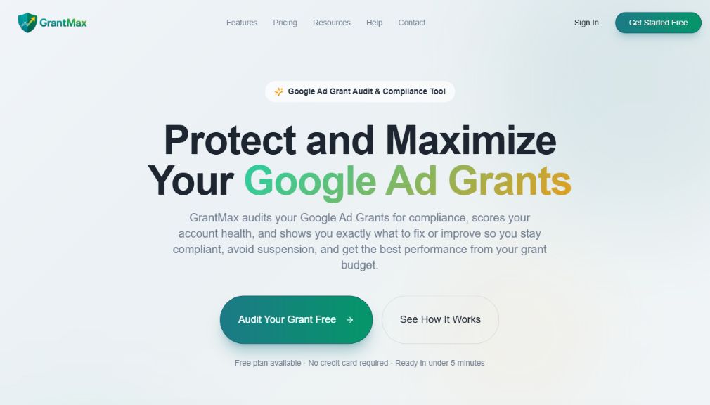 GrantMax website introducing its Google Ad Grant audit and compliance tool