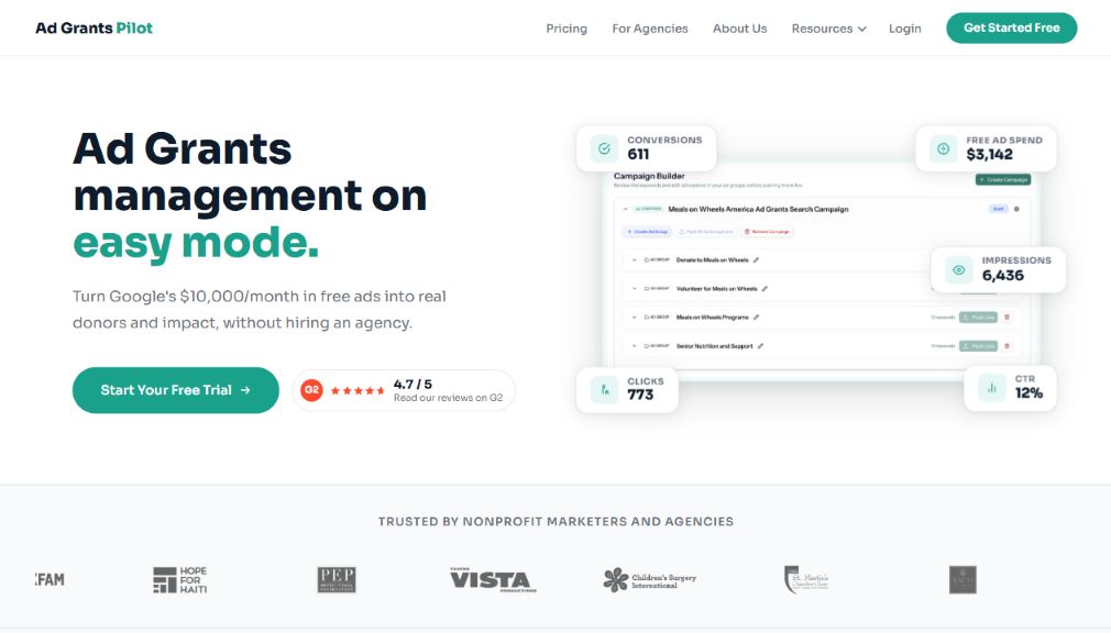 Ad Grants Pilot website introducing its campaign management software