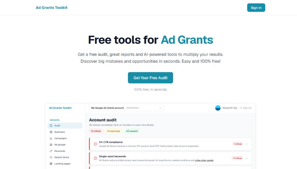 Ad Grants Toolkit homepage showing its free audit and reporting tools