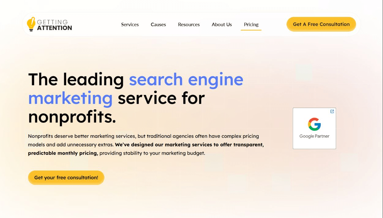 Screenshot of the Getting Attention nonprofit search marketing pricing page