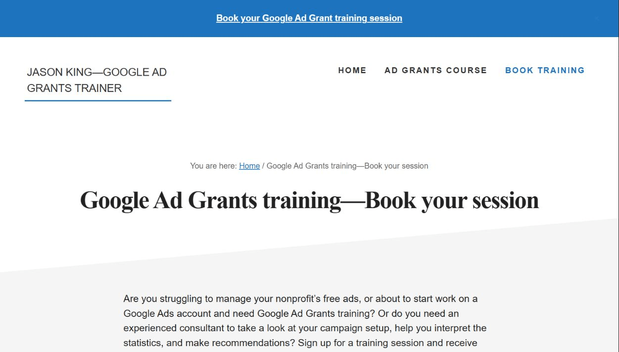 Screenshot of the Jason King Google Ad Grants training page