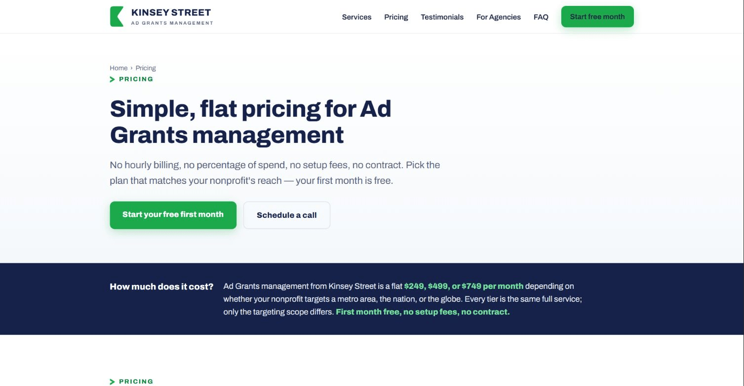 Screenshot of the Kinsey Street Google Ad Grants management pricing page