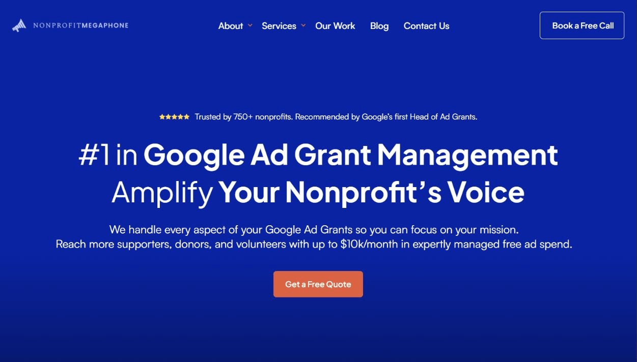 Screenshot of the Nonprofit Megaphone Google Ad Grant management homepage