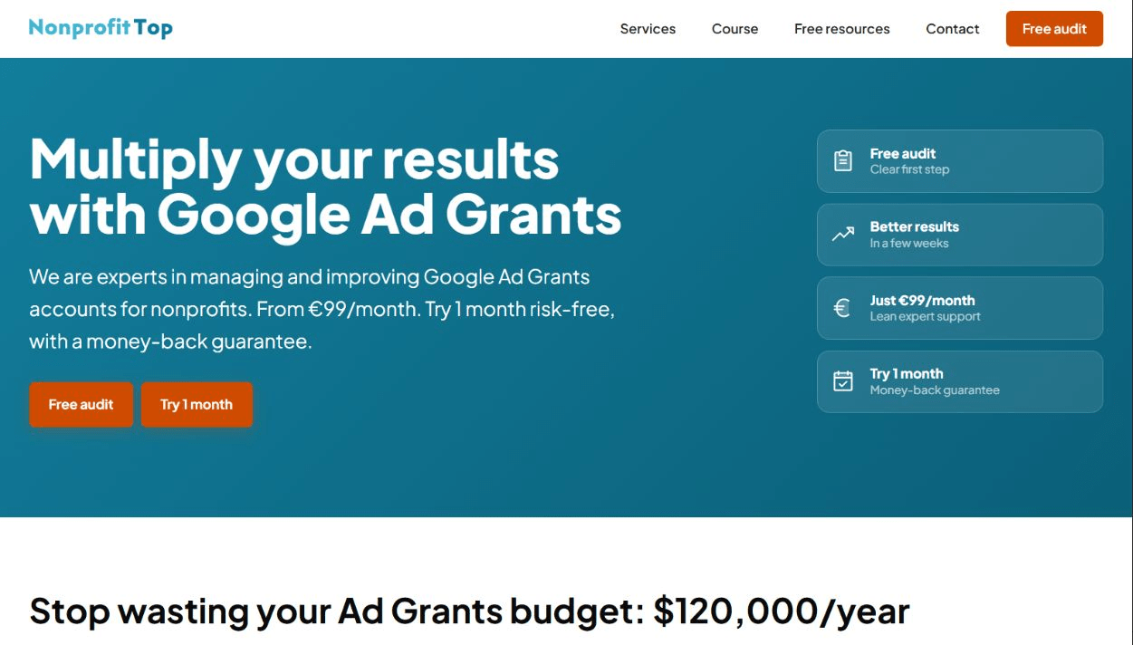Screenshot of the NonProfit Top Google Ad Grants management homepage