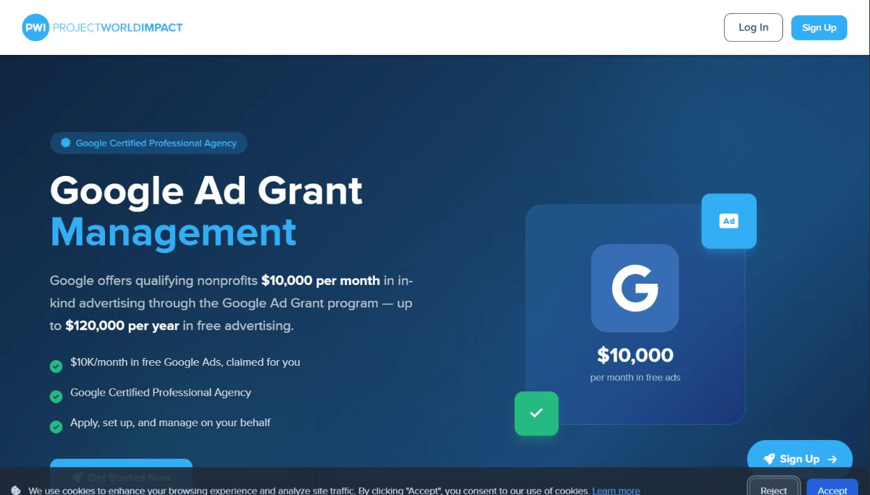 Screenshot of the Project World Impact Google Ad Grant management page