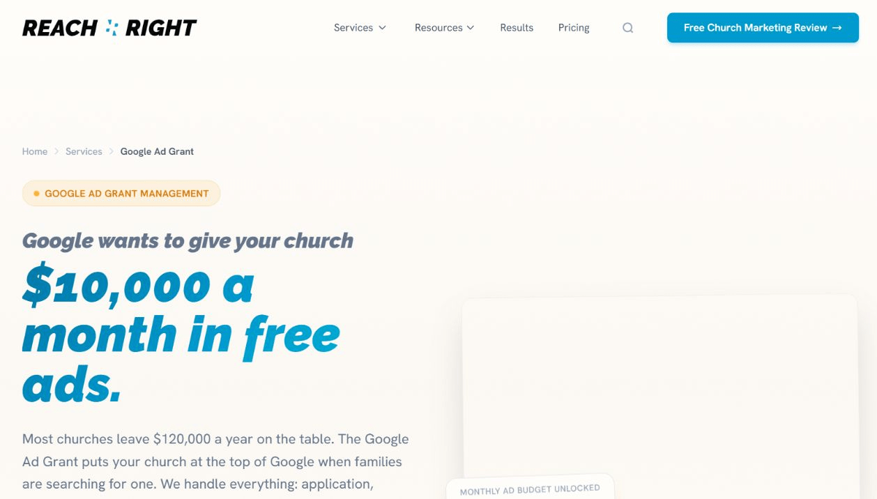 Screenshot of the REACHRIGHT Google Ad Grant management page for churches